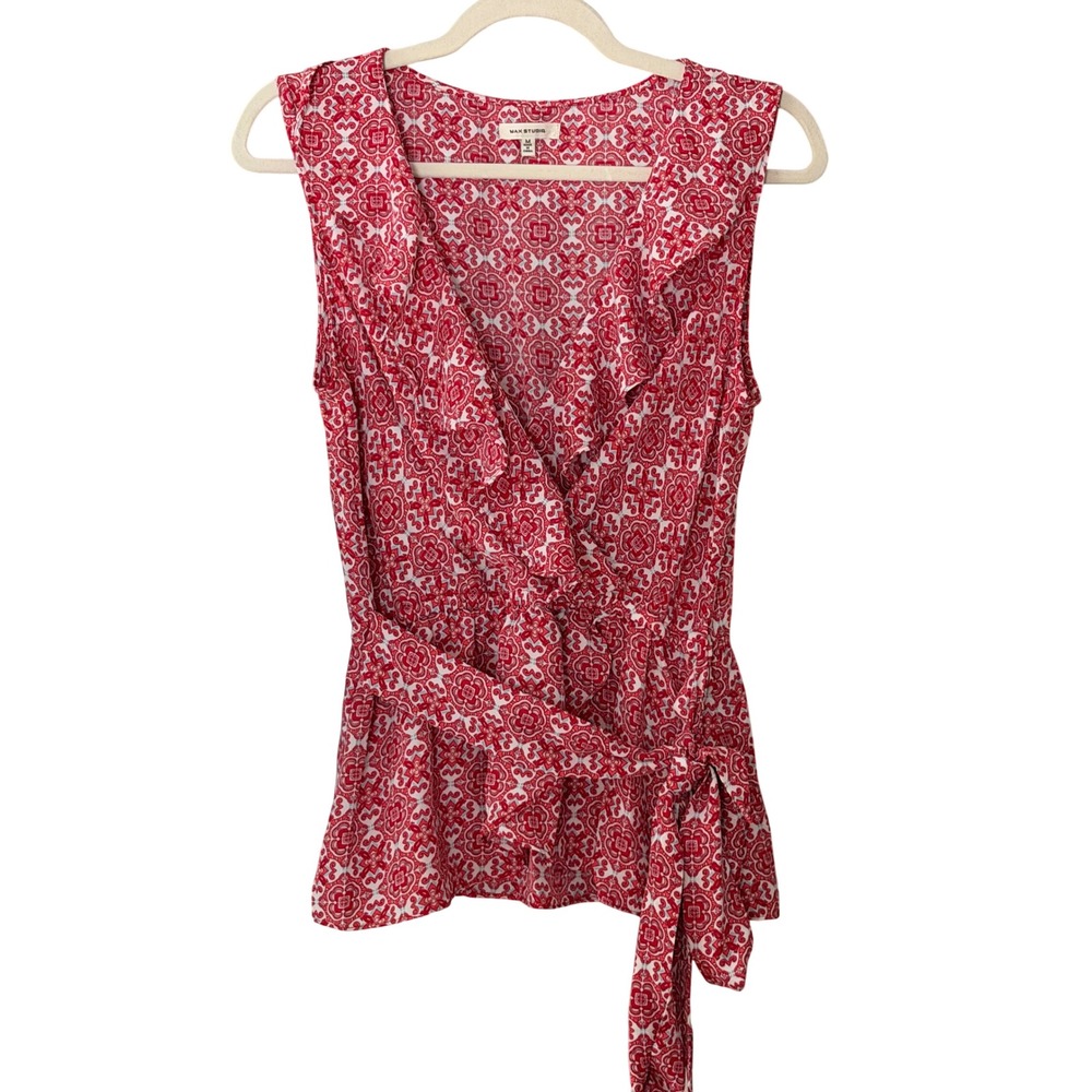 Max Studio Women's M Red White Geometric Sleeveless Ruffle Tie Blouse | SKU 1158